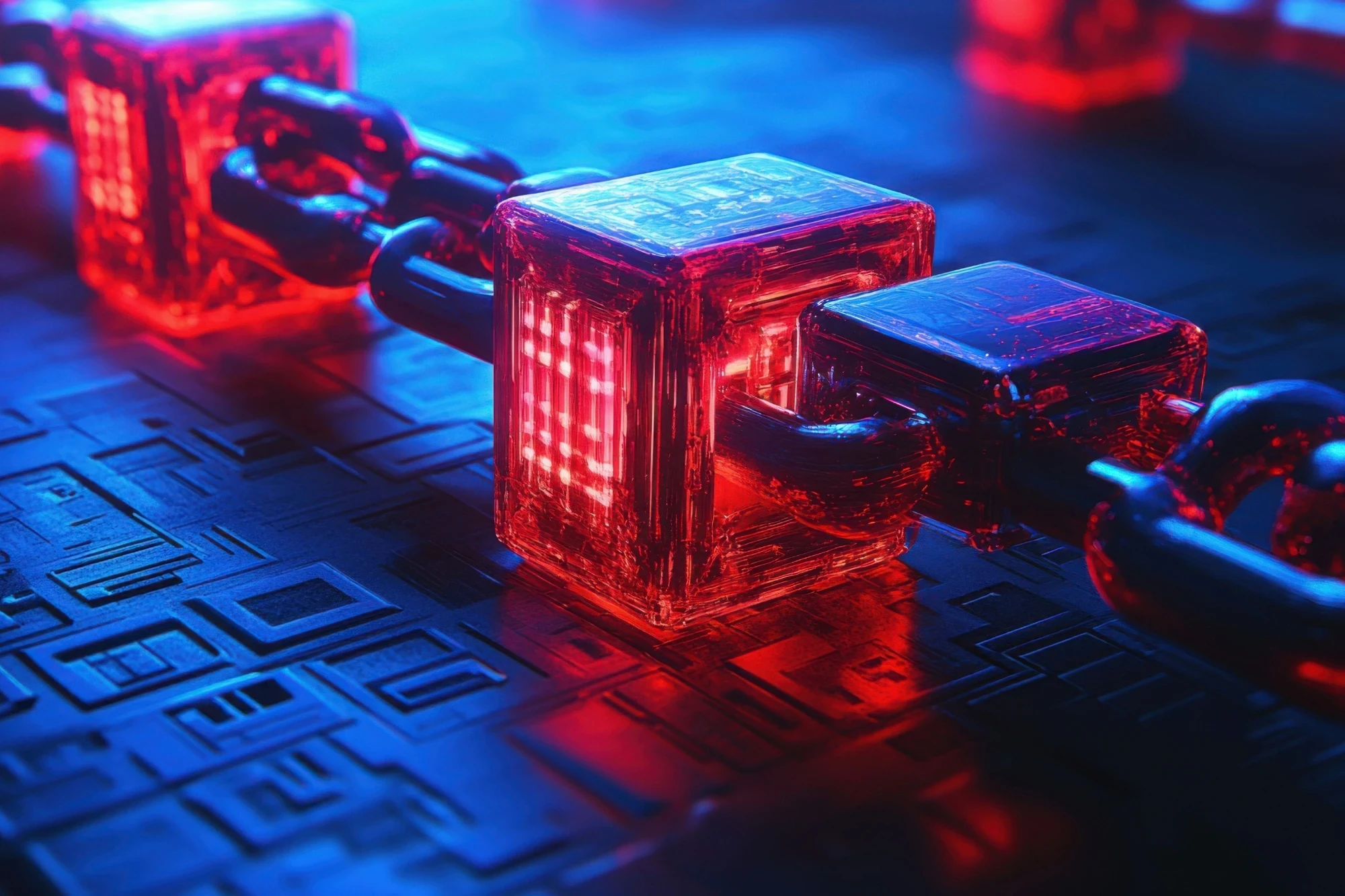 Digitale Kette mit leuchtenden Blöcken – Datensicherheit und Verschlüsselung