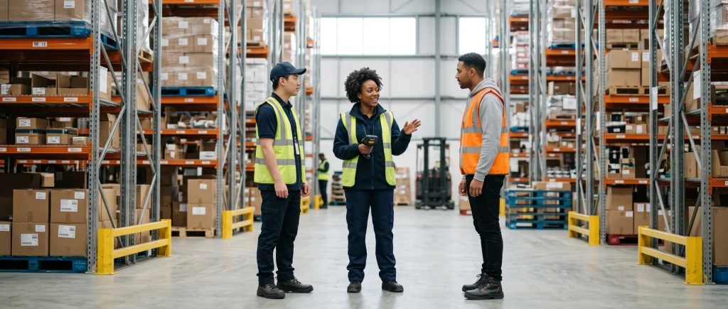 Warehouse staff in high-visibility vests between tall racking