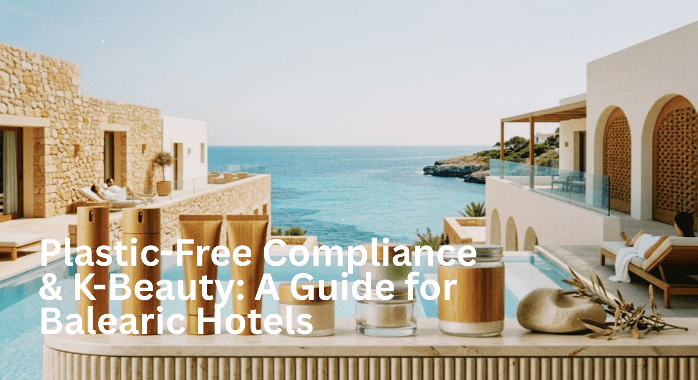 Spa-style products with bamboo lids are displayed on a ledge by a pool. Background features a stone villa, ocean view, and relaxing ambiance