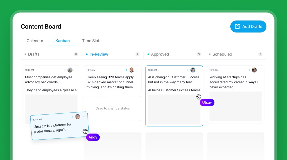 Supergrow team dashboard showing the approval workflow for executive LinkedIn® posts