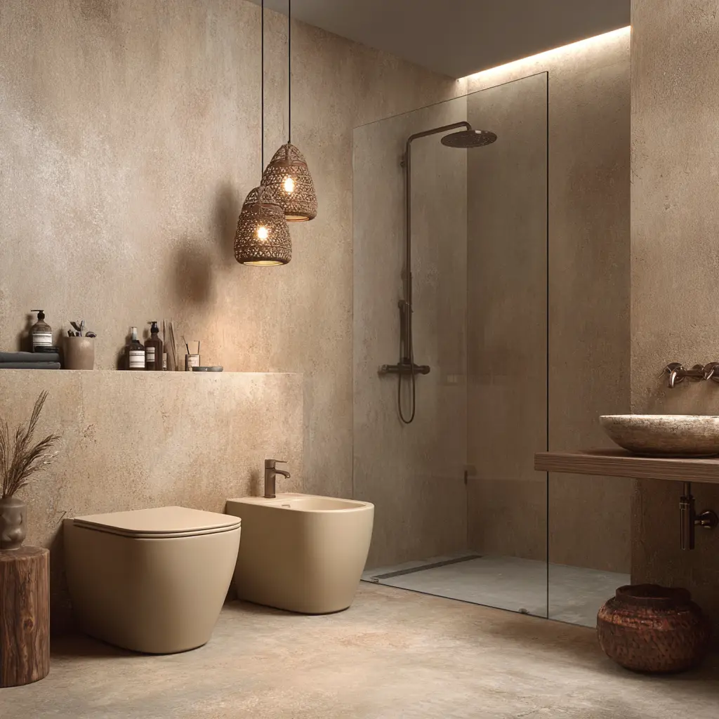 Reforma de baño con ducha y acabados en tonos piedra