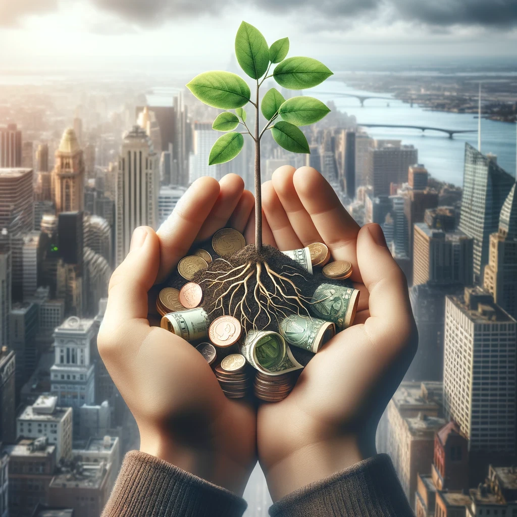 Hands nurturing a small plant with roots around coins and bills, symbolizing the growth and opportunity of the EB5 investment visa against a city skyline backdrop