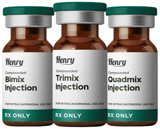 Three vials of injectable Trimix, Bimix and Quadmix ed treatments.