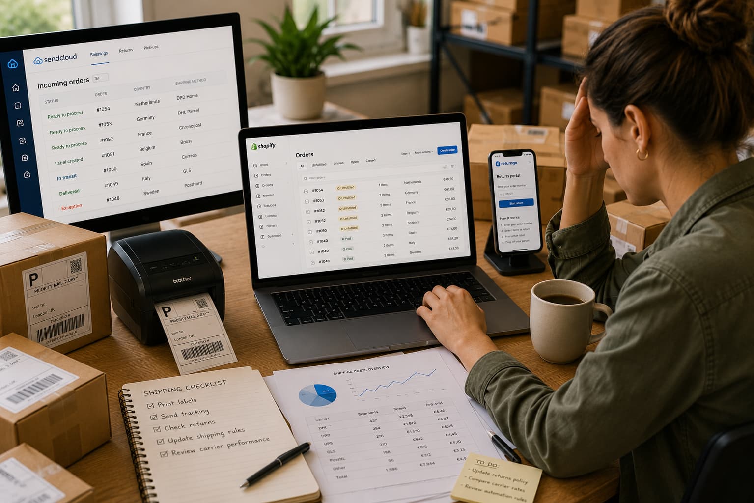 Shopify merchant managing orders, shipping, tracking and returns across multiple tools at a busy ecommerce fulfilment desk.