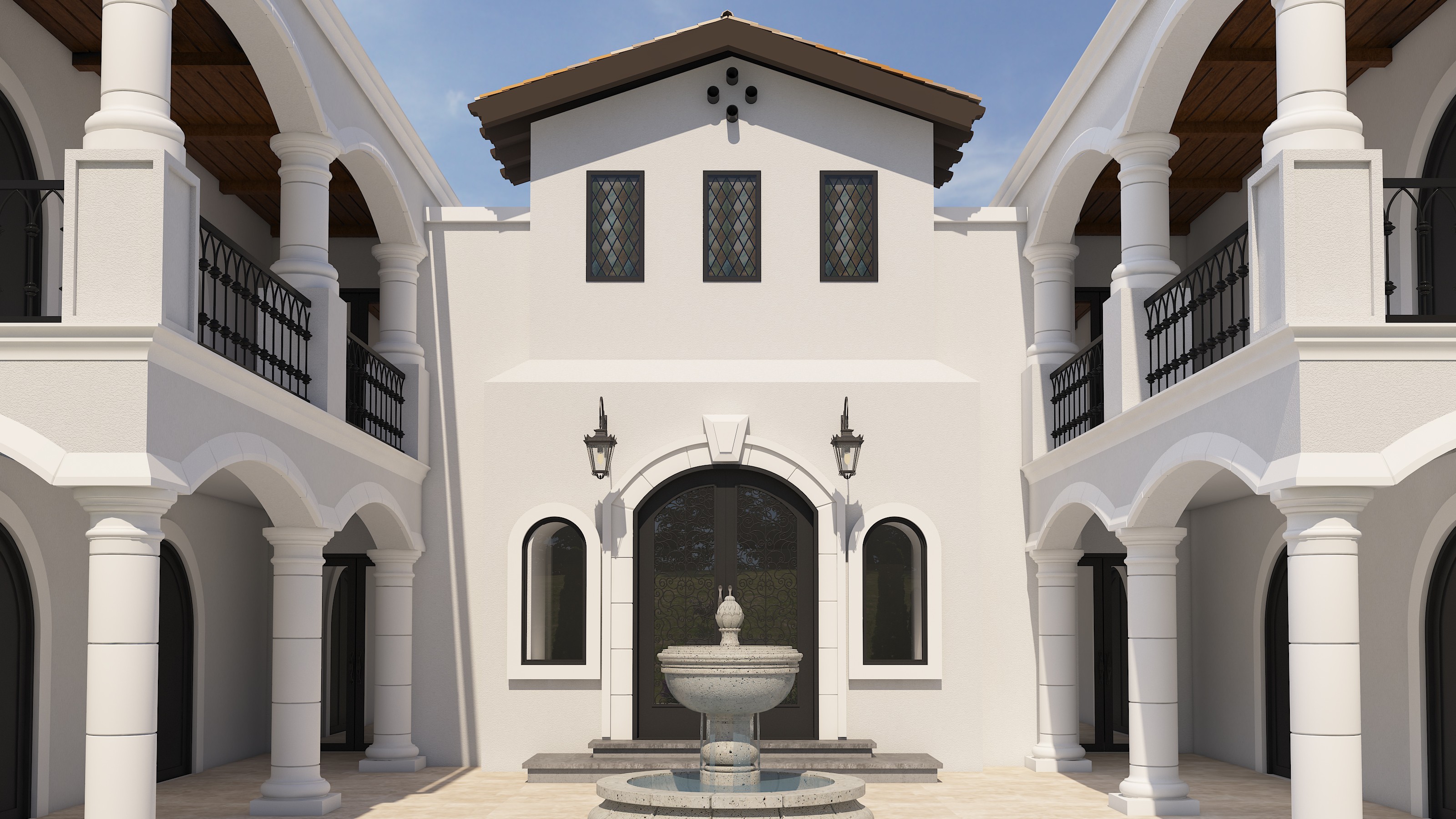 Rendering of a courtyard featuring a decorative fountain.