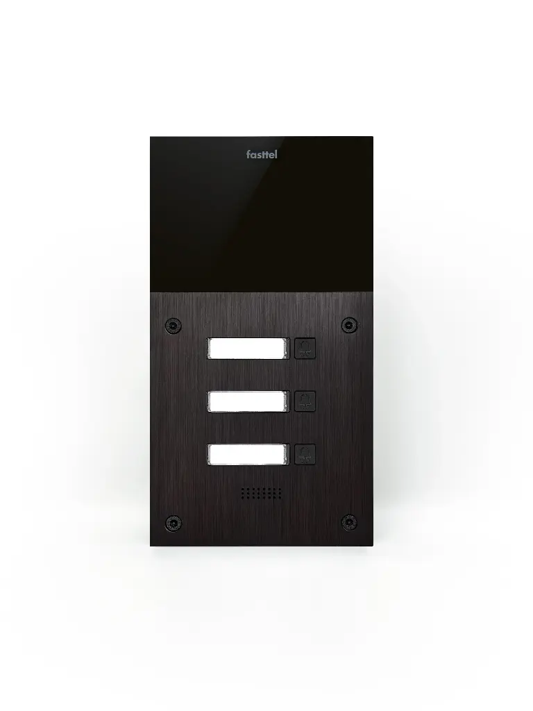 Black smart home device with screen showing time and temp
