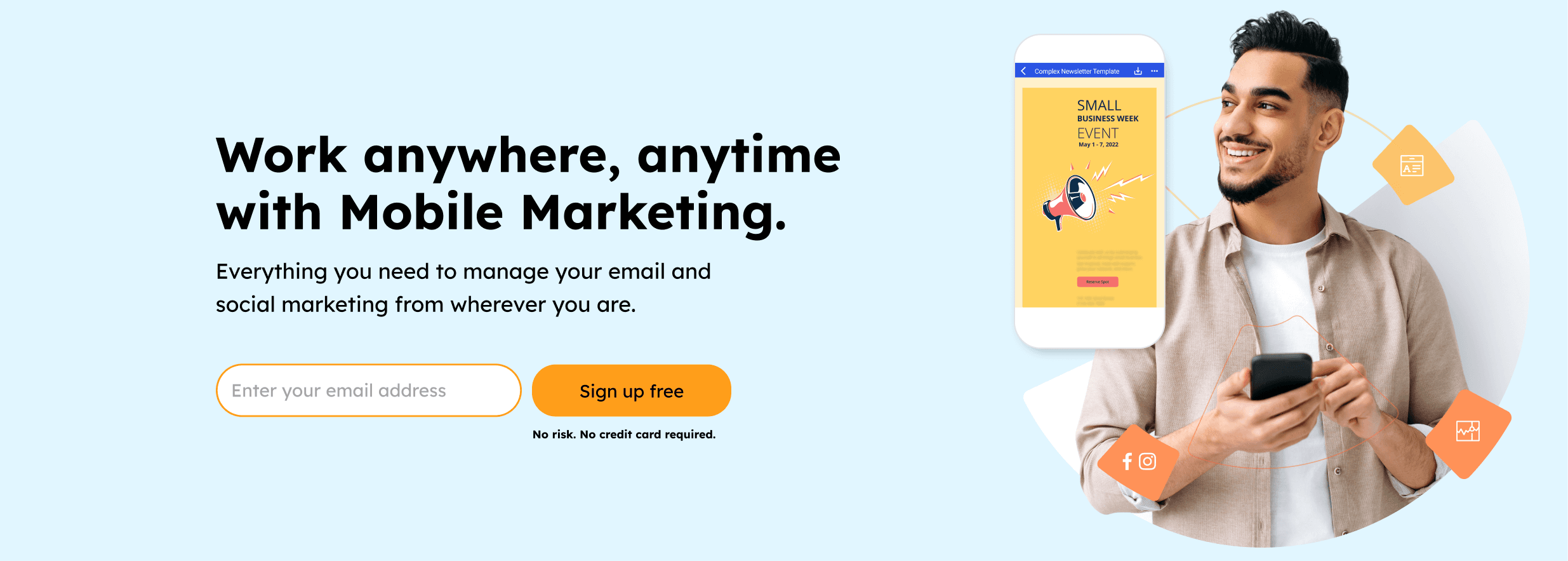 Design of a website hero section featuring 1 you man with a phone in his hand.