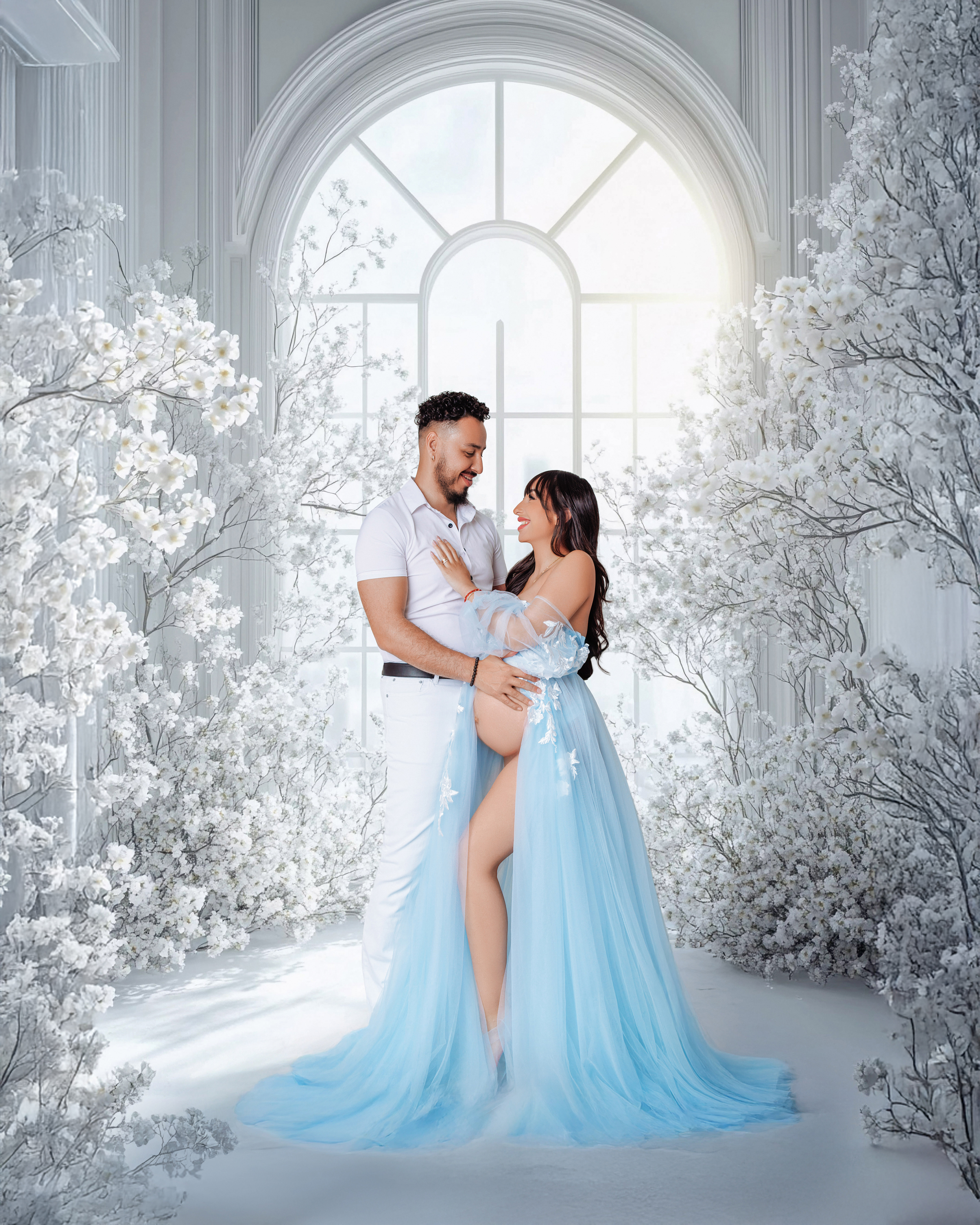 Calm maternity portrait with timeless look and delicate lighting for expecting mom.