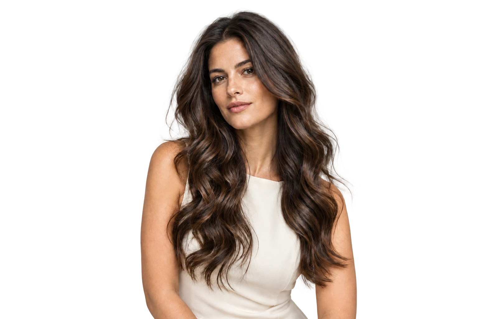 Brunette model with long, softly waved hair