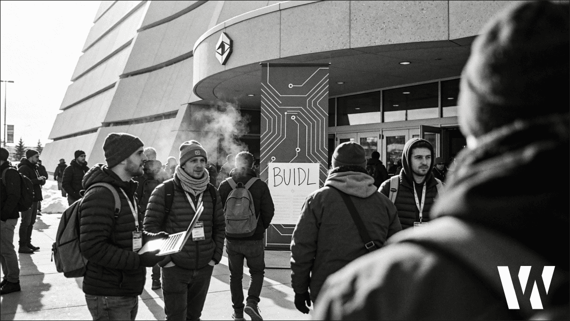 Black-and-white photo of blockchain developers lined up outside National Western Center for Ethereum conference in Denver with winter clothing and BUIDL signage