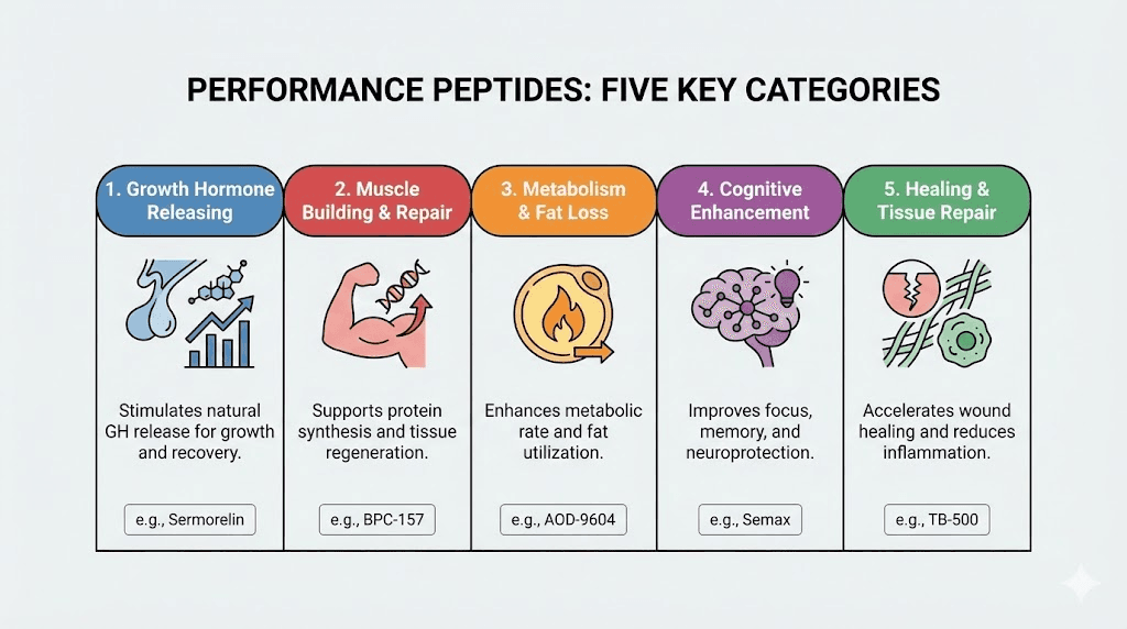 Performance peptides categories infographic showing growth hormone, tissue repair, metabolic, nootropic, and sexual function peptides