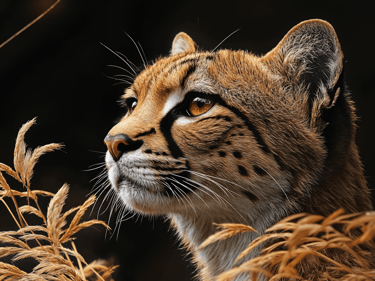 Close-up of a wild feline with golden fur and black markings, framed by golden grass against a dark background.