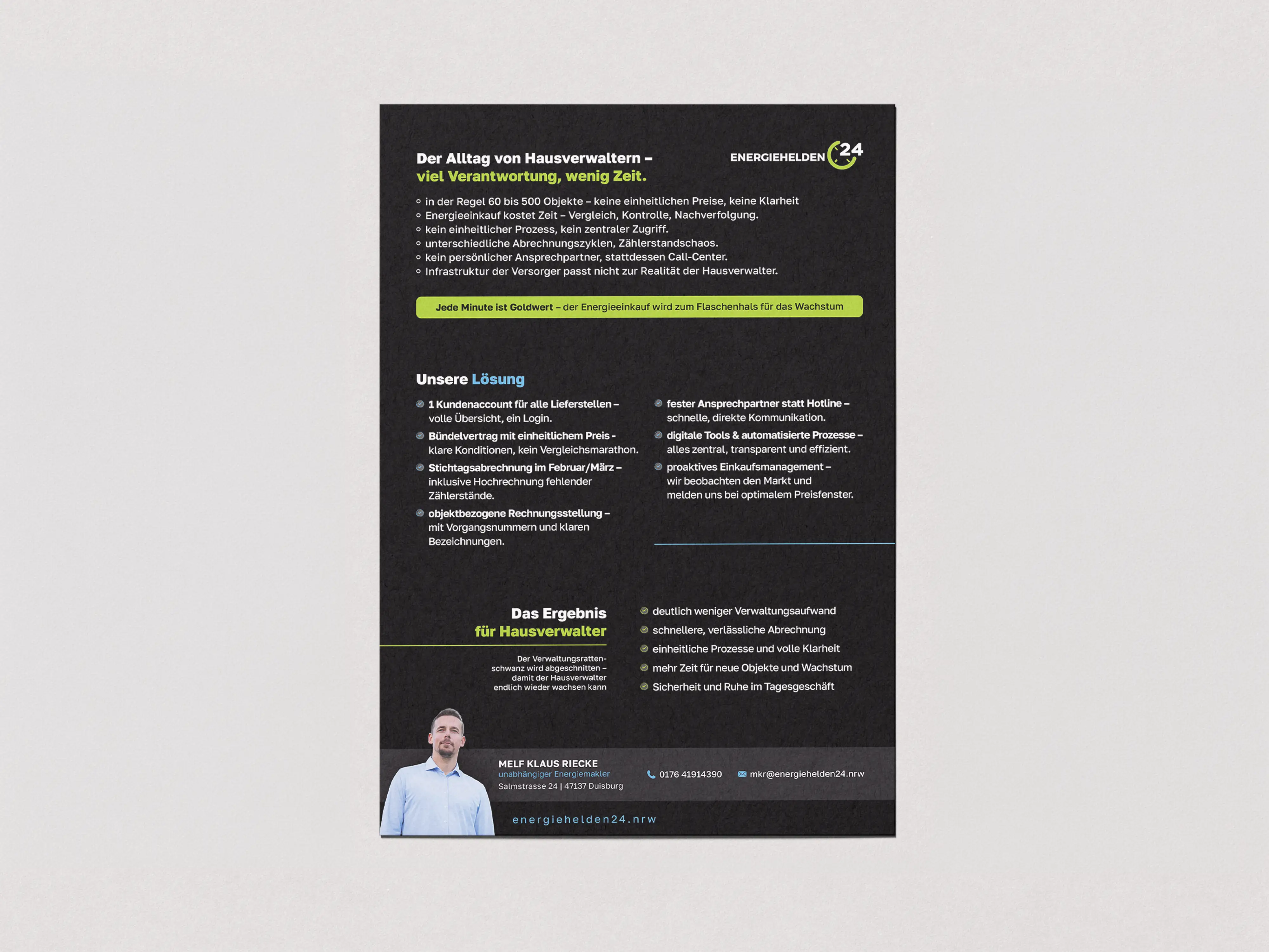 Flache Ansicht des Energiehelden24-Flyers mit den Abschnitten Alltag von Hausverwaltern, Lösung und Ergebnis