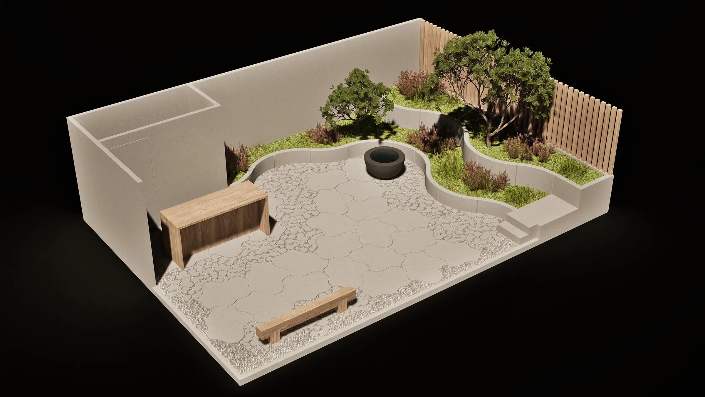 driekwart zicht op Japans geïnspireerde beursstand met betonnen keerwanden en grasdallen