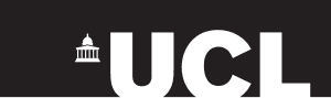 The image shows the University College London (UCL) logo, featuring a stylized classical building icon next to the letters "UCL" in a modern, sans-serif font, set against a dark background.