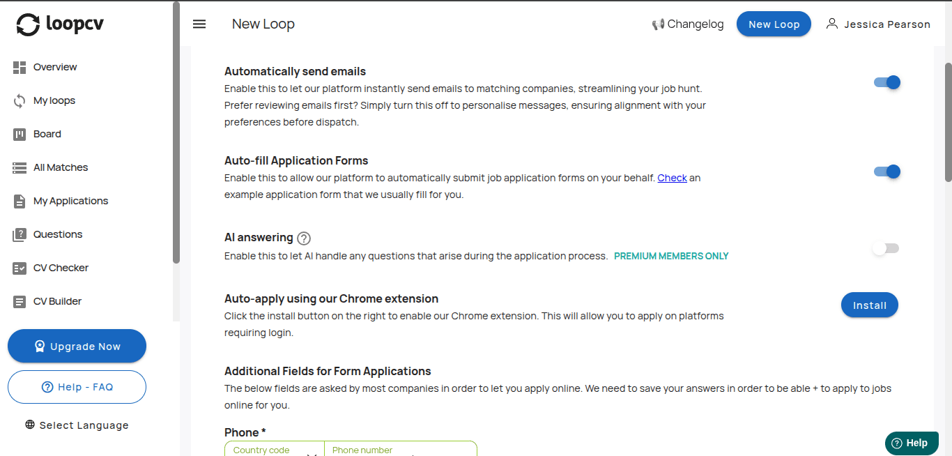 LoopCV loop settings with auto-send emails and auto-fill forms enabled by default and AI answering locked to premium