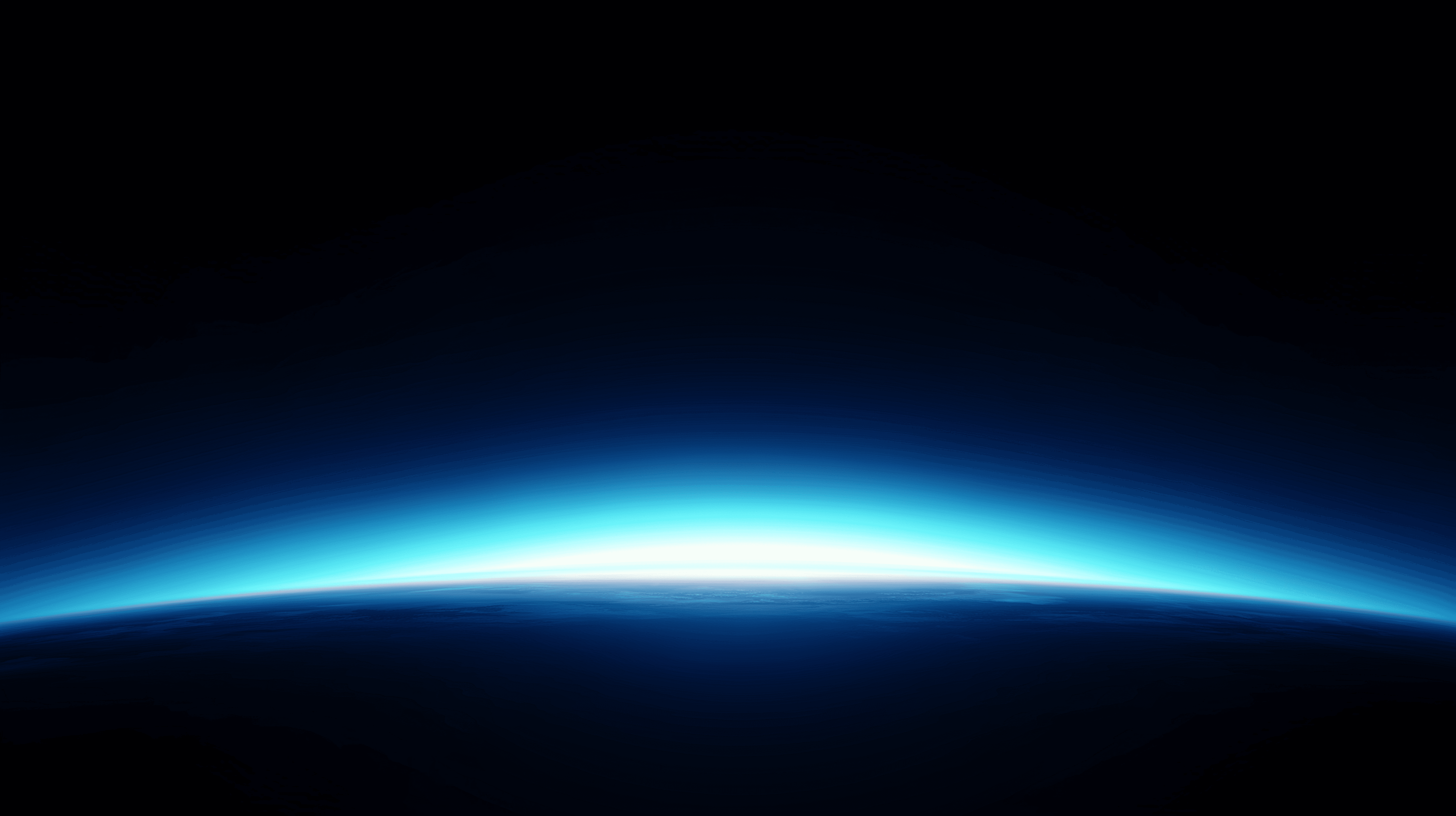 Bright horizon against space. Blue glow transitions to deep black, evoking serenity and vastness. Earth-like surface hints at a cosmic sunrise.