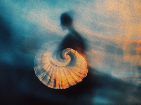 A blurred silhouette holding a spiral shell, with swirling, colorful light.