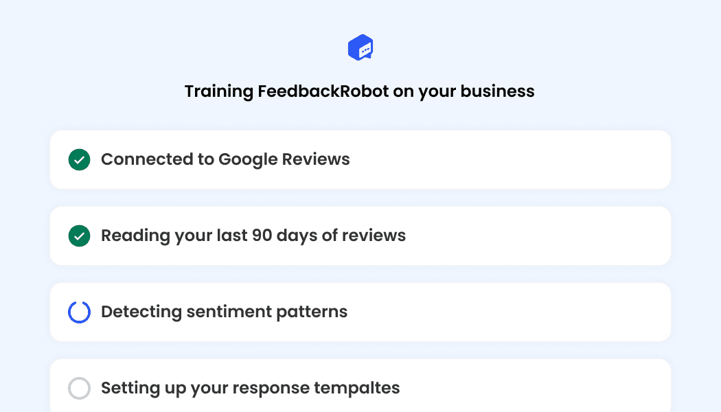 A software interface mockup titled "Training FeedbackRobot on your business." It shows a checklist of progress items with green checkmarks, such as "Connected to Google Reviews" and "Reading your last 90 days of reviews," with a loading spinner for "Detecting sentiment patterns."