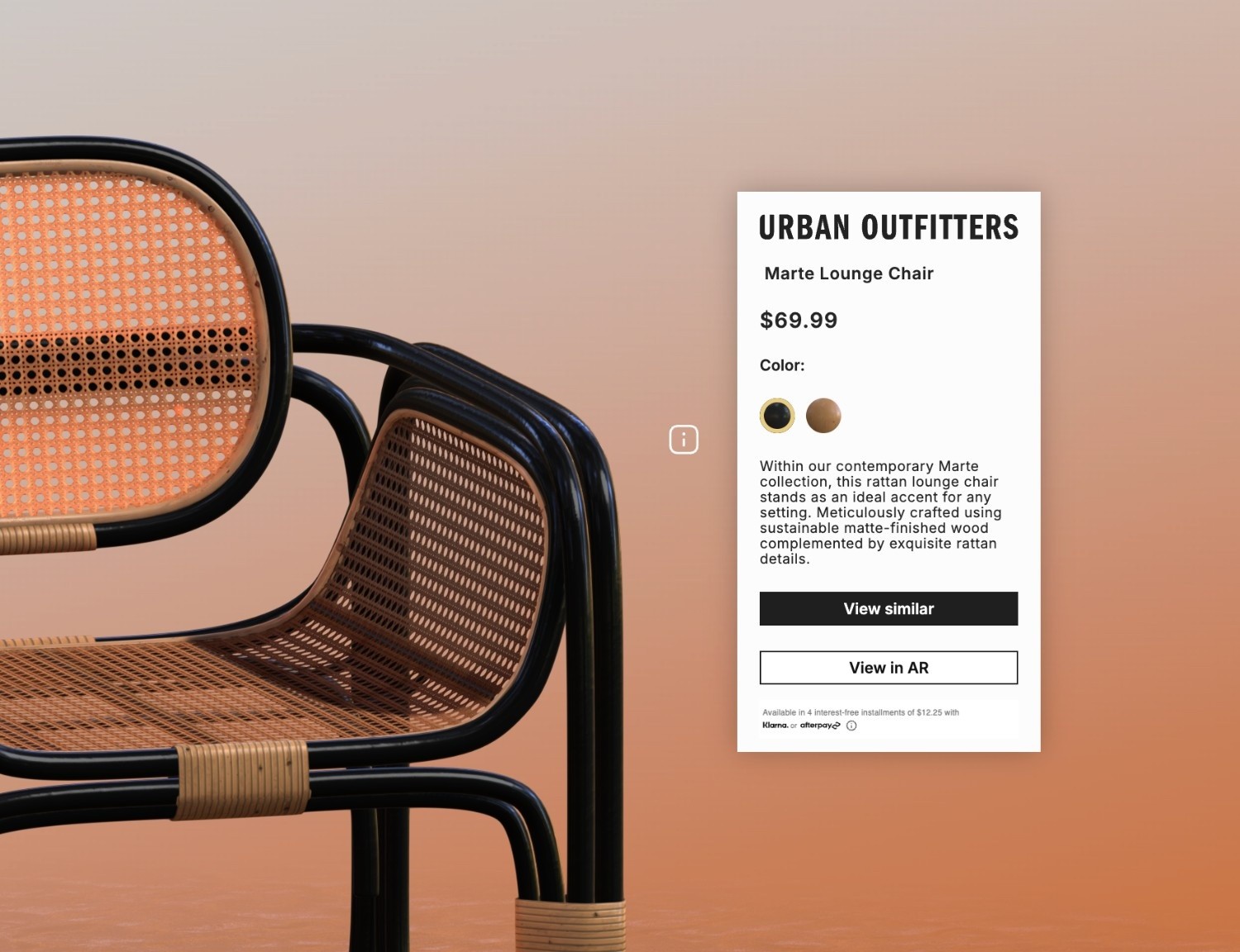 Interactive 3D product displays for modern furniture, showcasing color selection, material customization, and AR viewing features on both mobile and desktop.