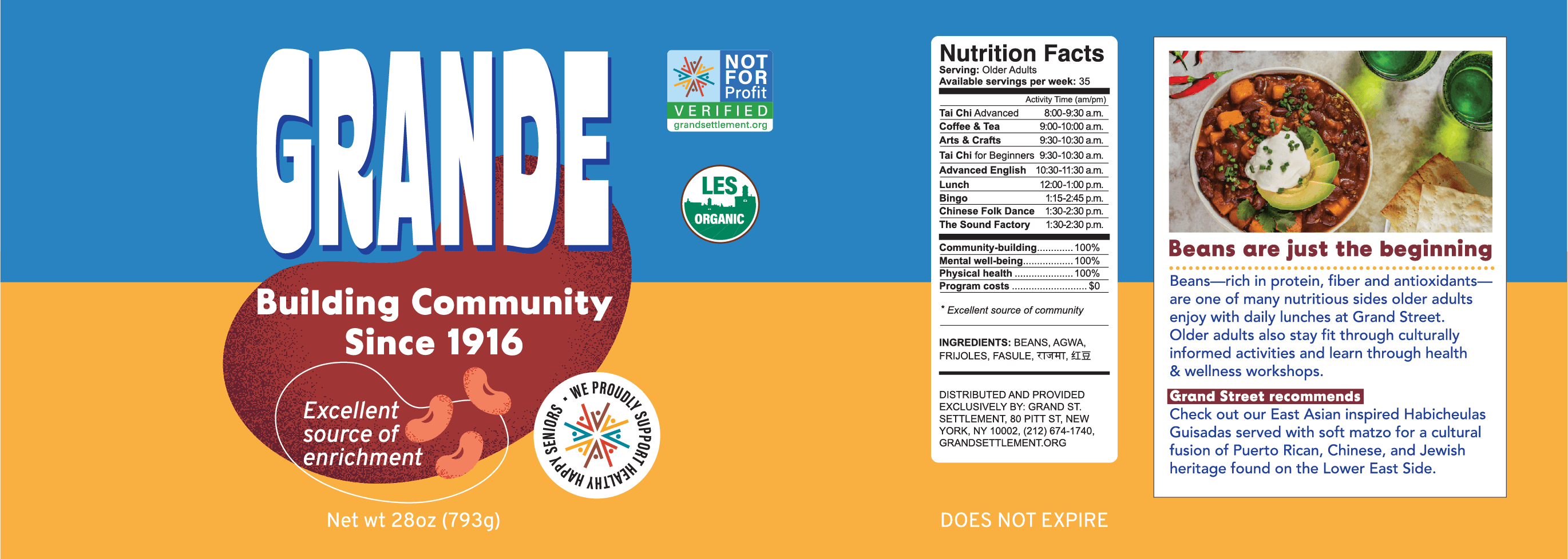 Canned food design for Grande Beans with playfully written nutrition facts and product history. Illustrations of beans on colorful packaging promoting happy seniors. Detailed text description follows below. 