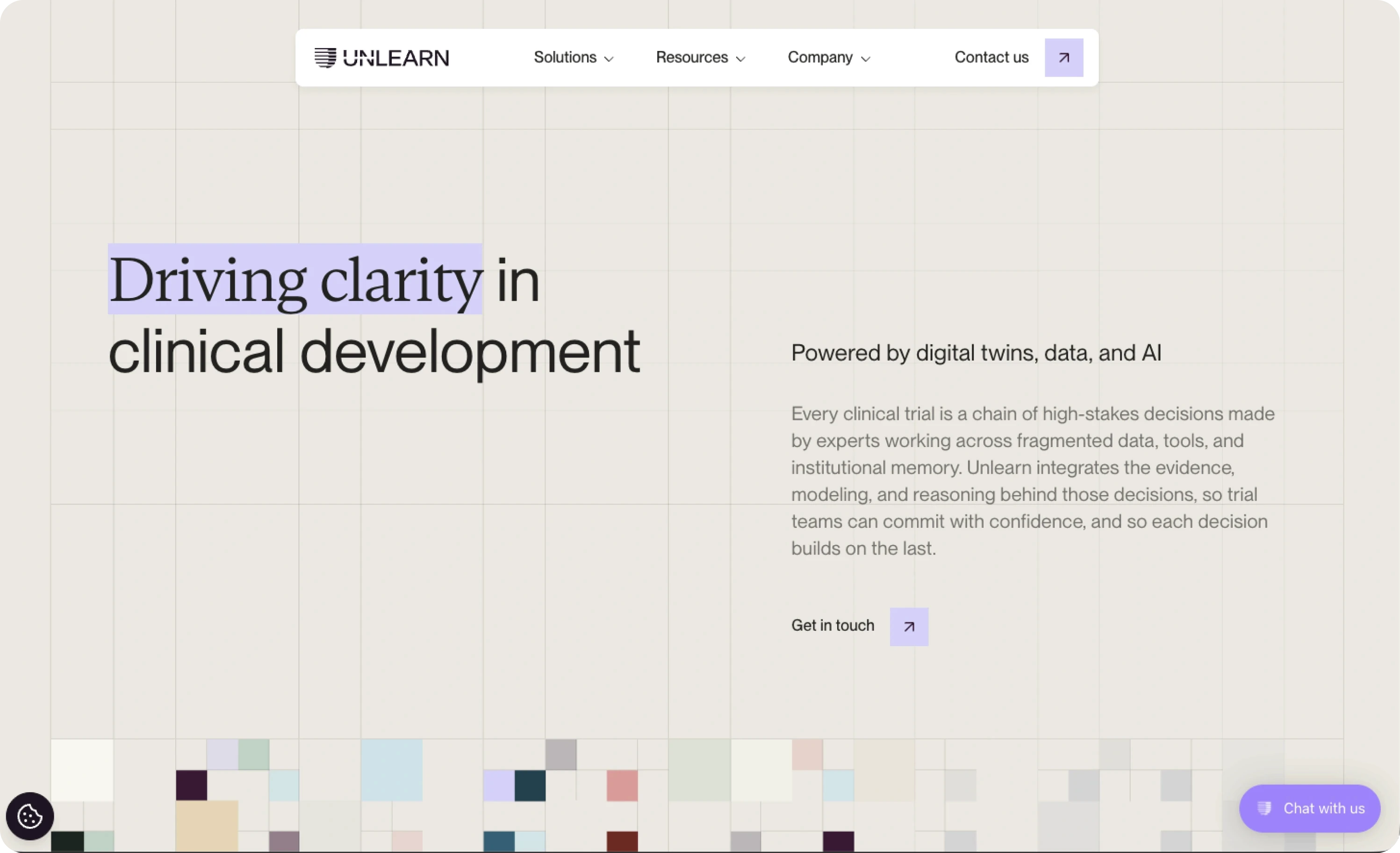 Unlearn AI homepage showing the headline Driving clarity in clinical development, powered by digital twins, data, and AI, with a colorful abstract grid pattern