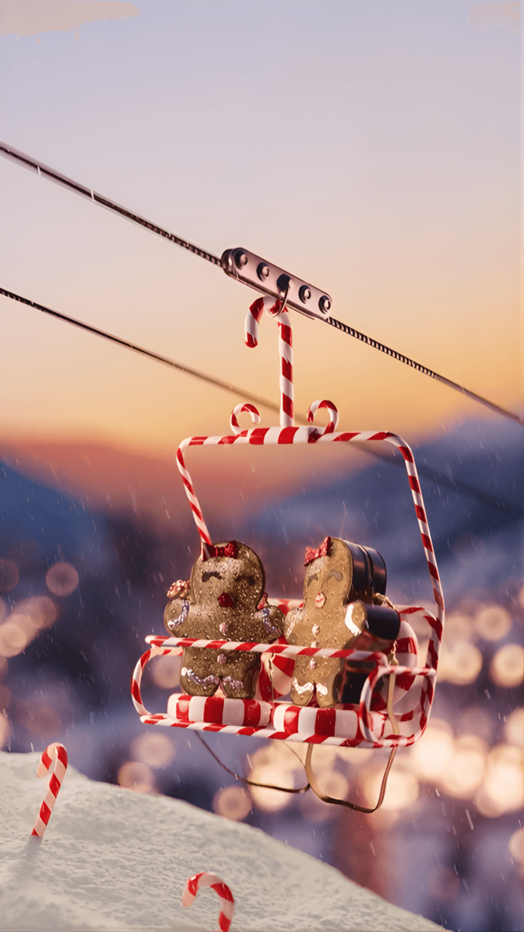 A vibrant render of gingerbread handbags riding a candy cane ski lift at sunset