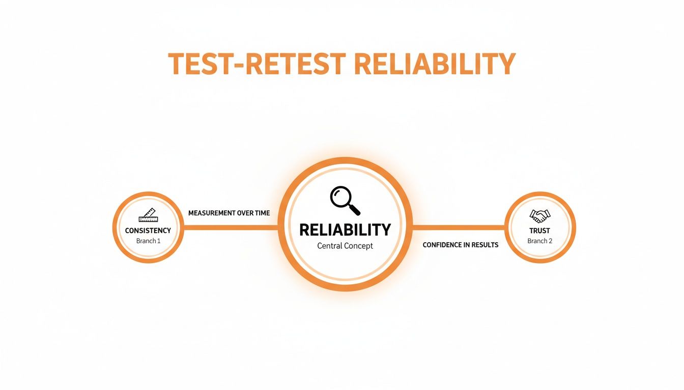 A diagram visually explaining test-retest reliability, linking consistency (measurement over time) with trust (confidence in results).