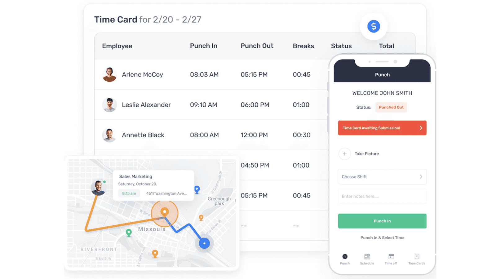 Buddy Punch’s time tracking dashboard and mobile app