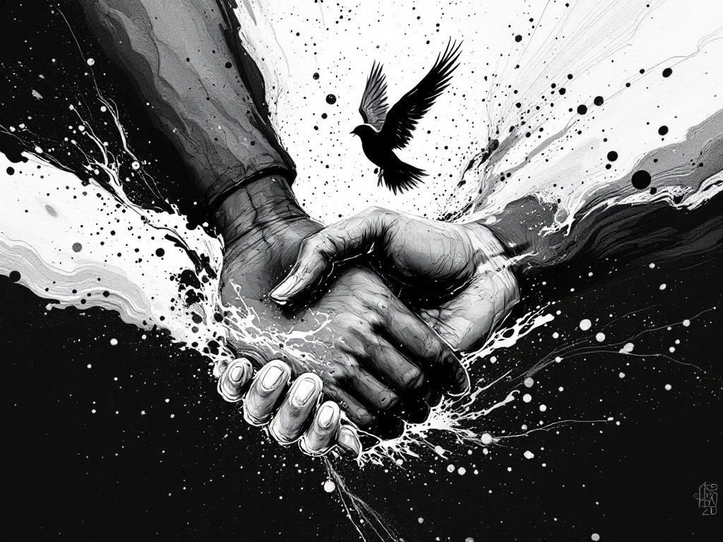 Black and white image of two hands shaking, with a bird flying between them, surrounded by paint splatters.