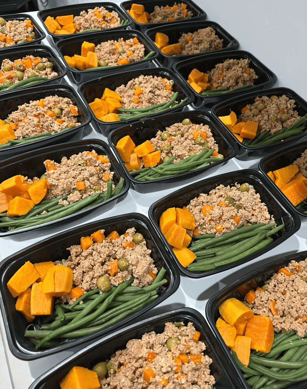 Picadillo de pavo con batata al vapor y ejotes verdes, comida saludable y alta en proteínas.