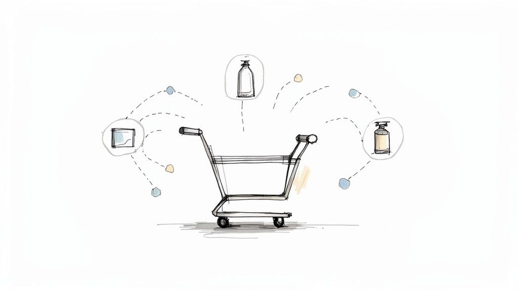 An illustration showing a shopping cart icon with glowing AI-powered neural network lines, representing intelligent product suggestions.