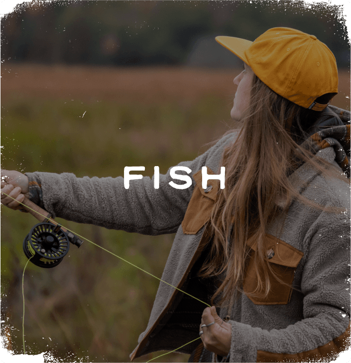 Rustic photograph of a person casting a fly fishing rod labelled 'Fish'