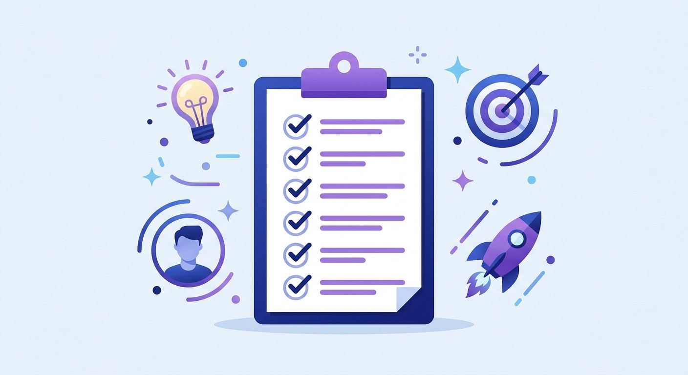 Clipboard checklist with icons for lightbulb, target, user persona, and rocket representing pre-launch planning.