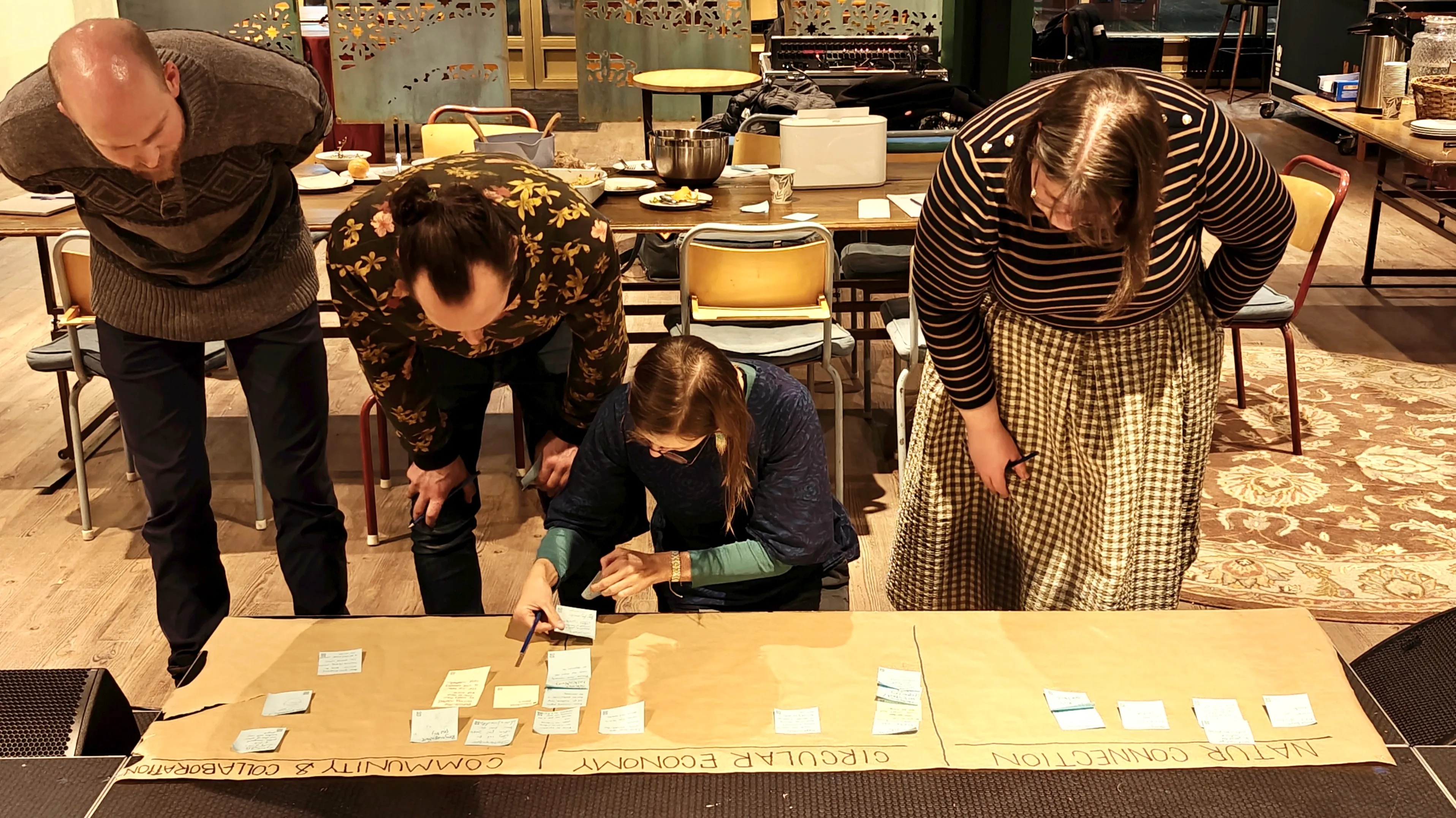 People putting down sticky notes on a board