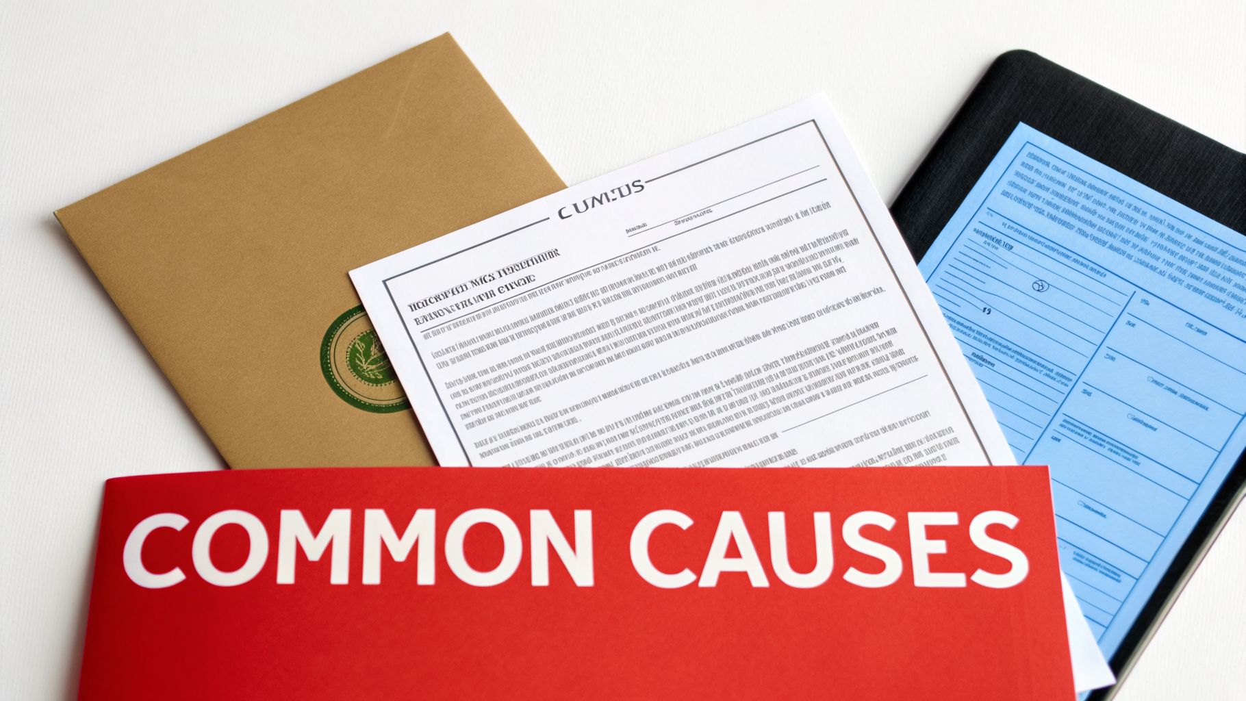 Various legal documents and a red folder with 'COMMON CAUSES' text, on a clean white surface.