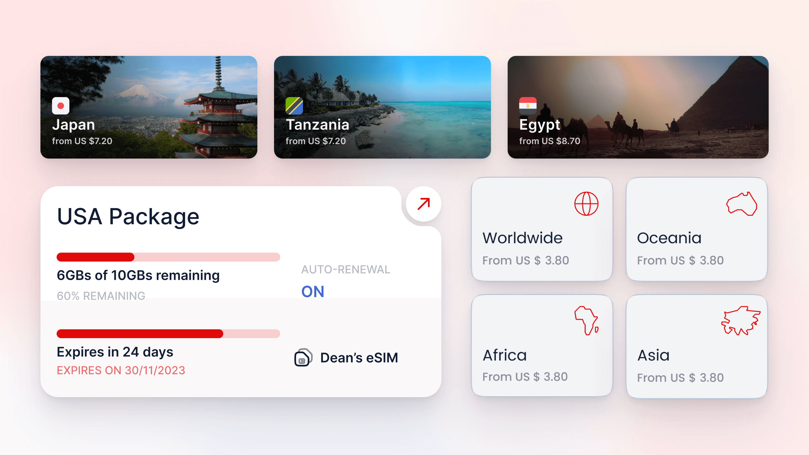 Destination cards for Japan, Tanzania and Egypt, an active package card and the region chips