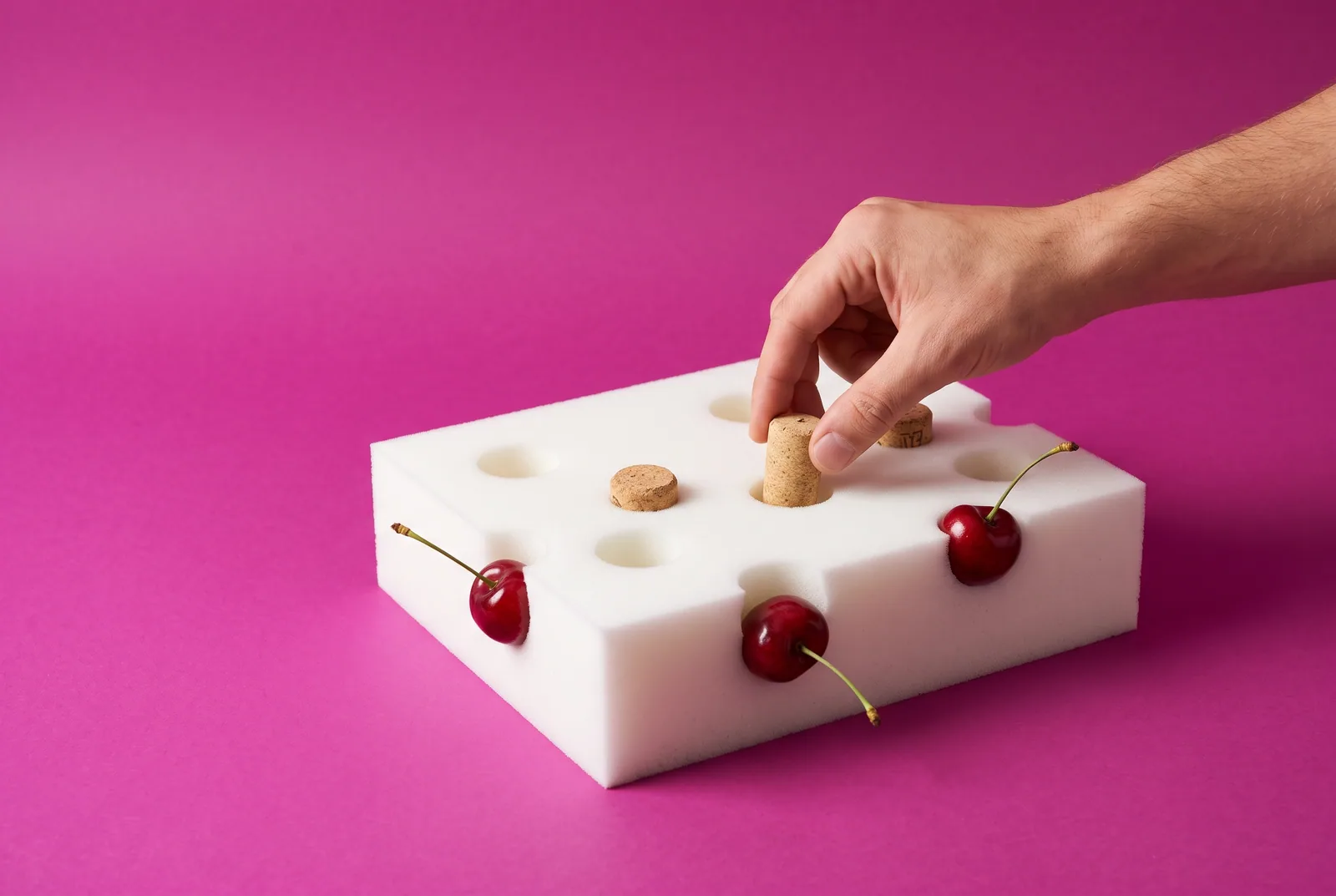 A hand plugging holes in a sponge with corks as cherries try to slip through, closing loopholes to block porn on a Mac