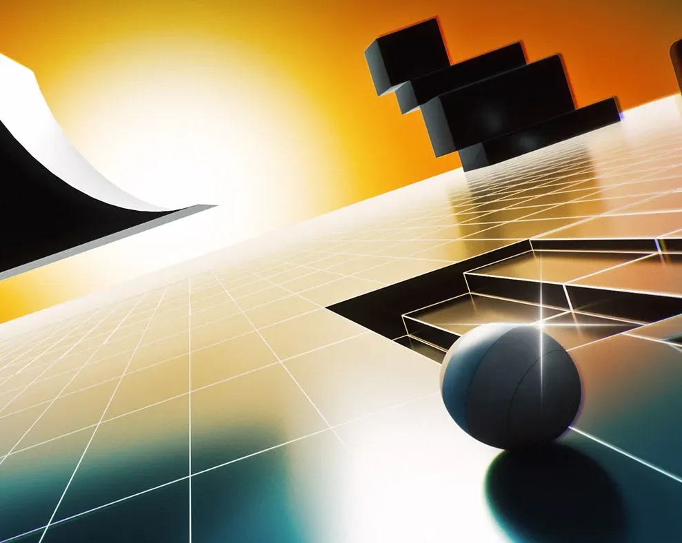 A surreal landscape featuring geometric shapes, a sphere, and a bright sunrise against a gradient sky.