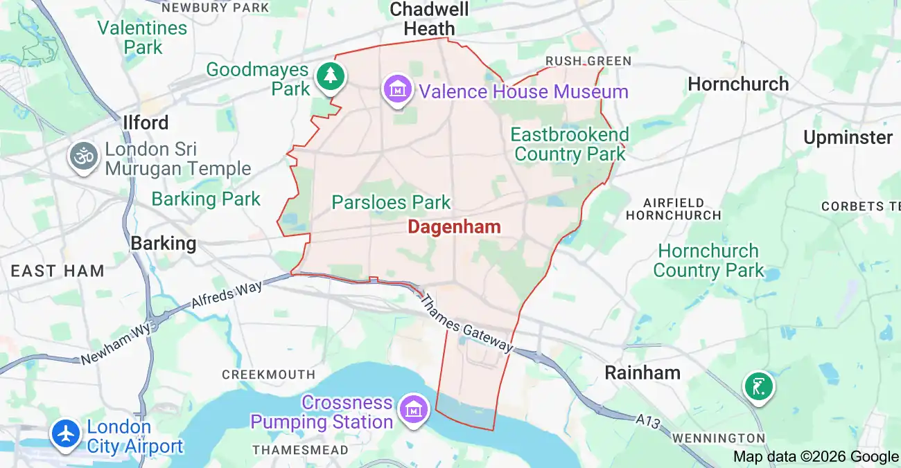 Map shows Dagenham, London with surrounding areas.