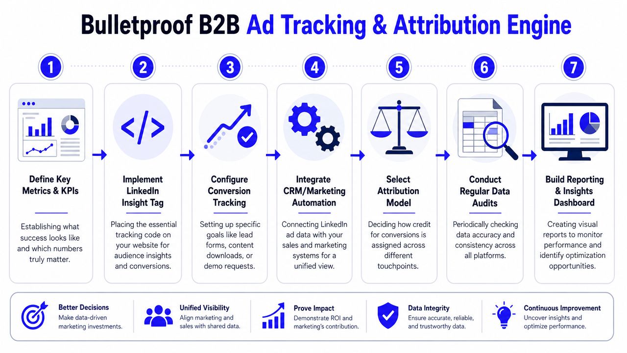 A seven-step flowchart illustrating a comprehensive process for B2B ad tracking and marketing attribution performance.