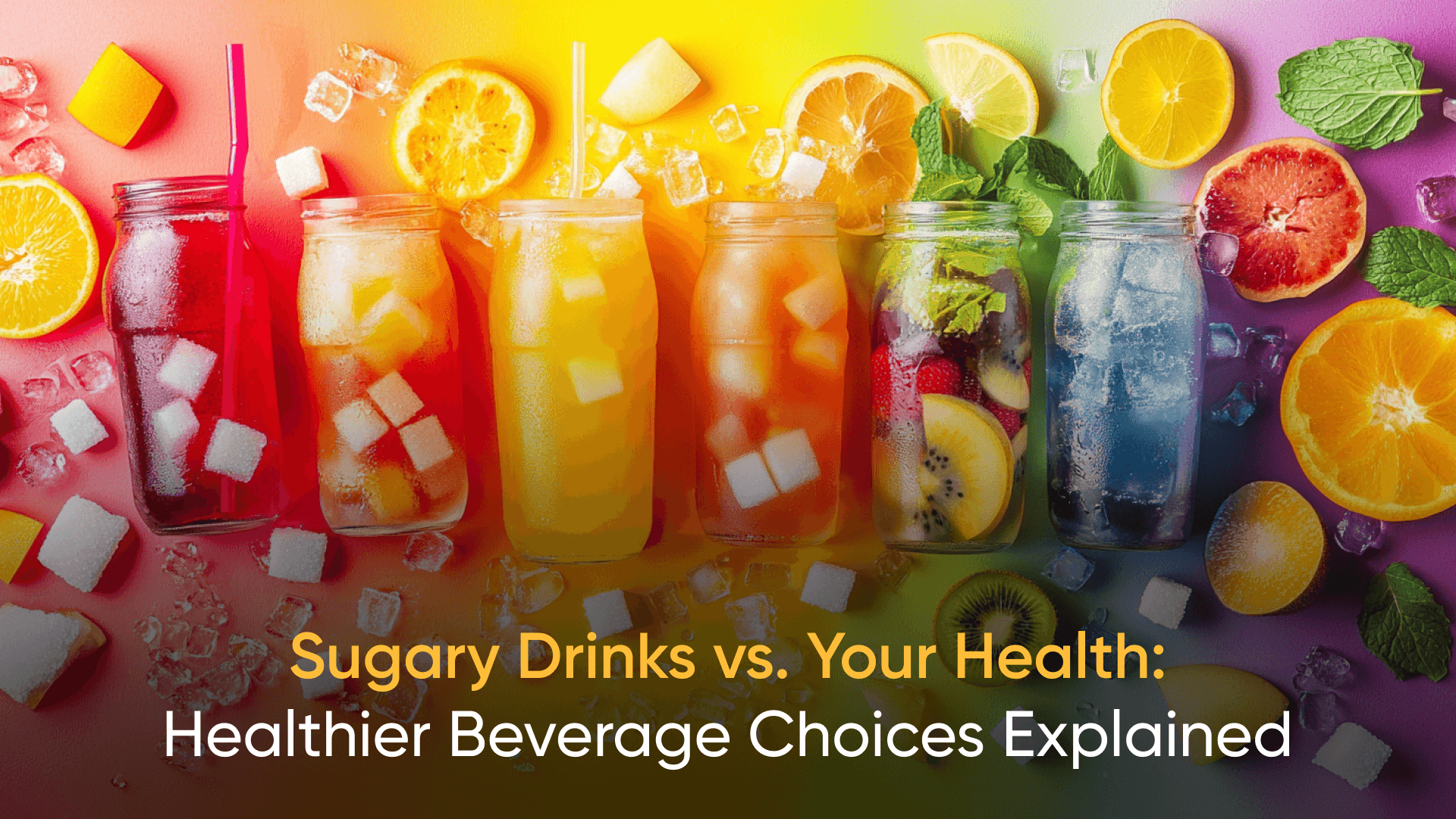 Variety of colorful drinks with fresh fruits, highlighting healthier alternatives to sugary beverages.