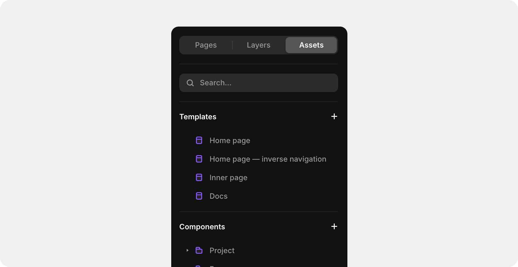 Framer assets panel with templates and components list