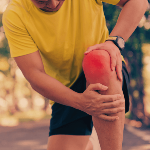 Close up of man's knee that is red and inflammed
