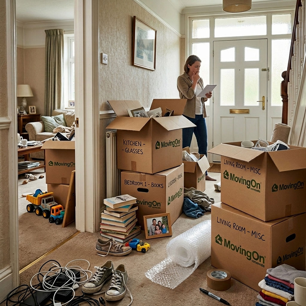 Stressful scene of half-packed moving boxes and household items in a hallway, representing the need for professional removals Plymouth services.