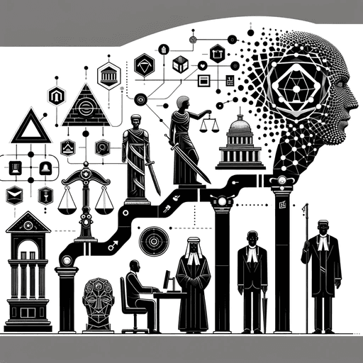 A black and white geometric cover illustration showcasing the evolution of the legal profession towards AI collaboration. The design features a chronological progression with iconic symbols from various eras: the justice pyramid, medieval scales, and modern courthouses.