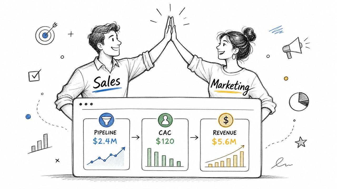 A professional drawing of a sales and marketing team high-fiving over a business dashboard with metrics.