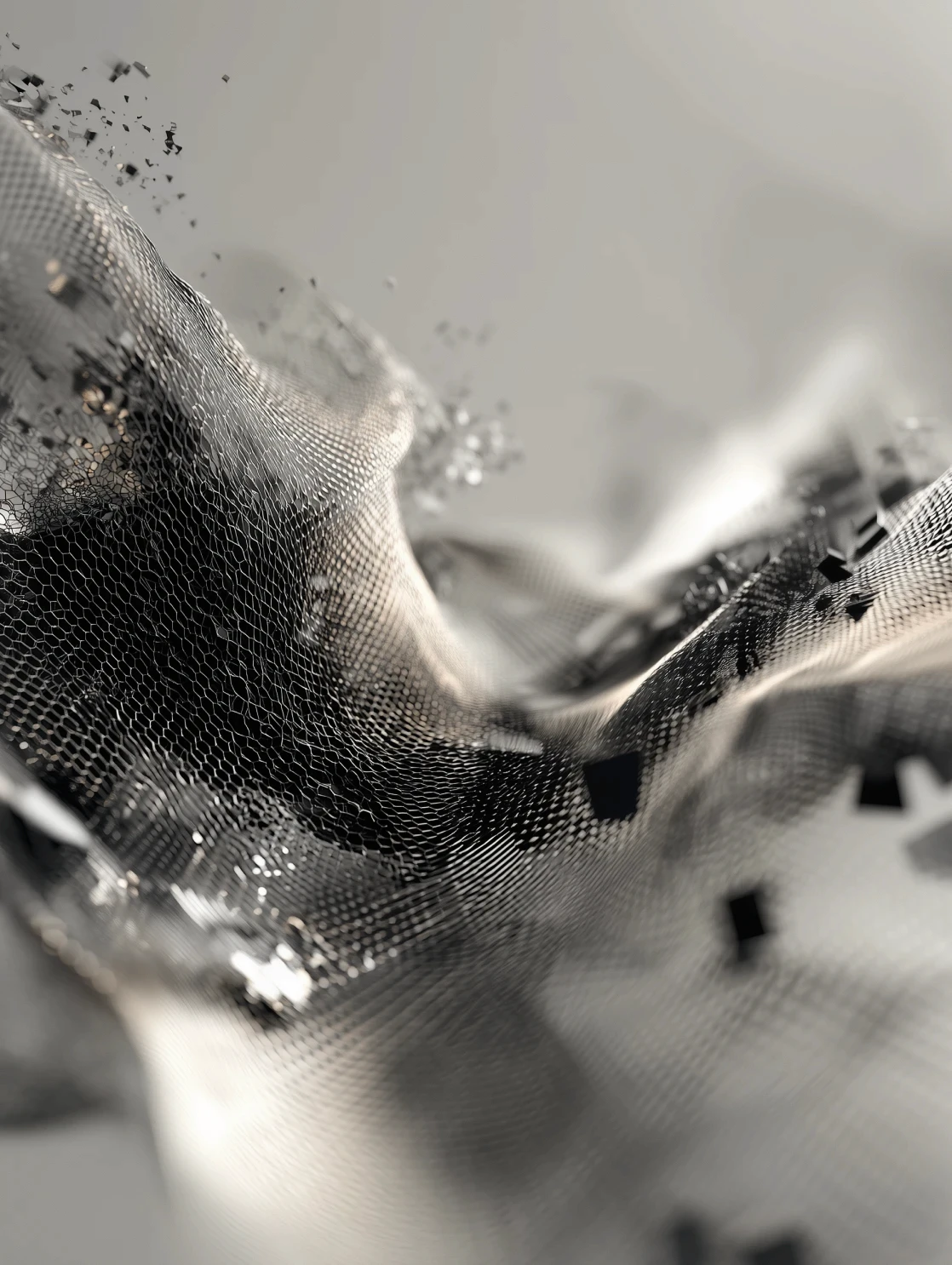 Metal mesh material disintegrating with fragments breaking off.