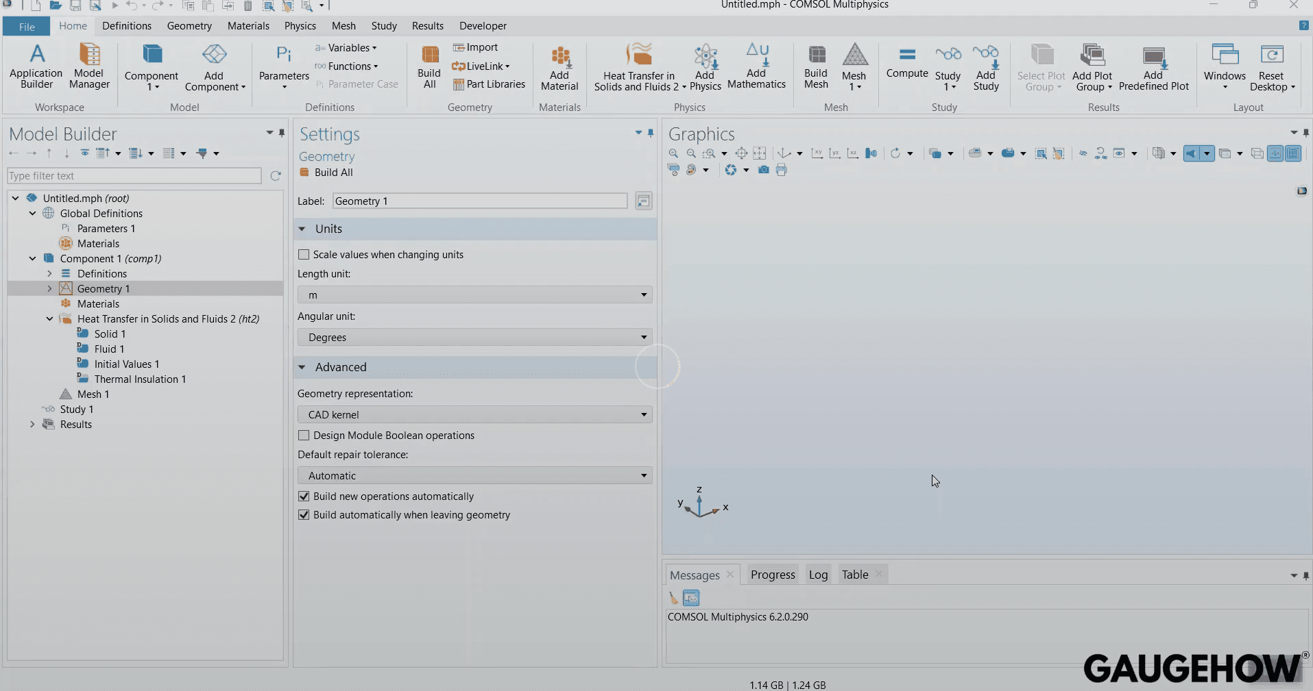COMSOL Model Builder interface showing geometry and units