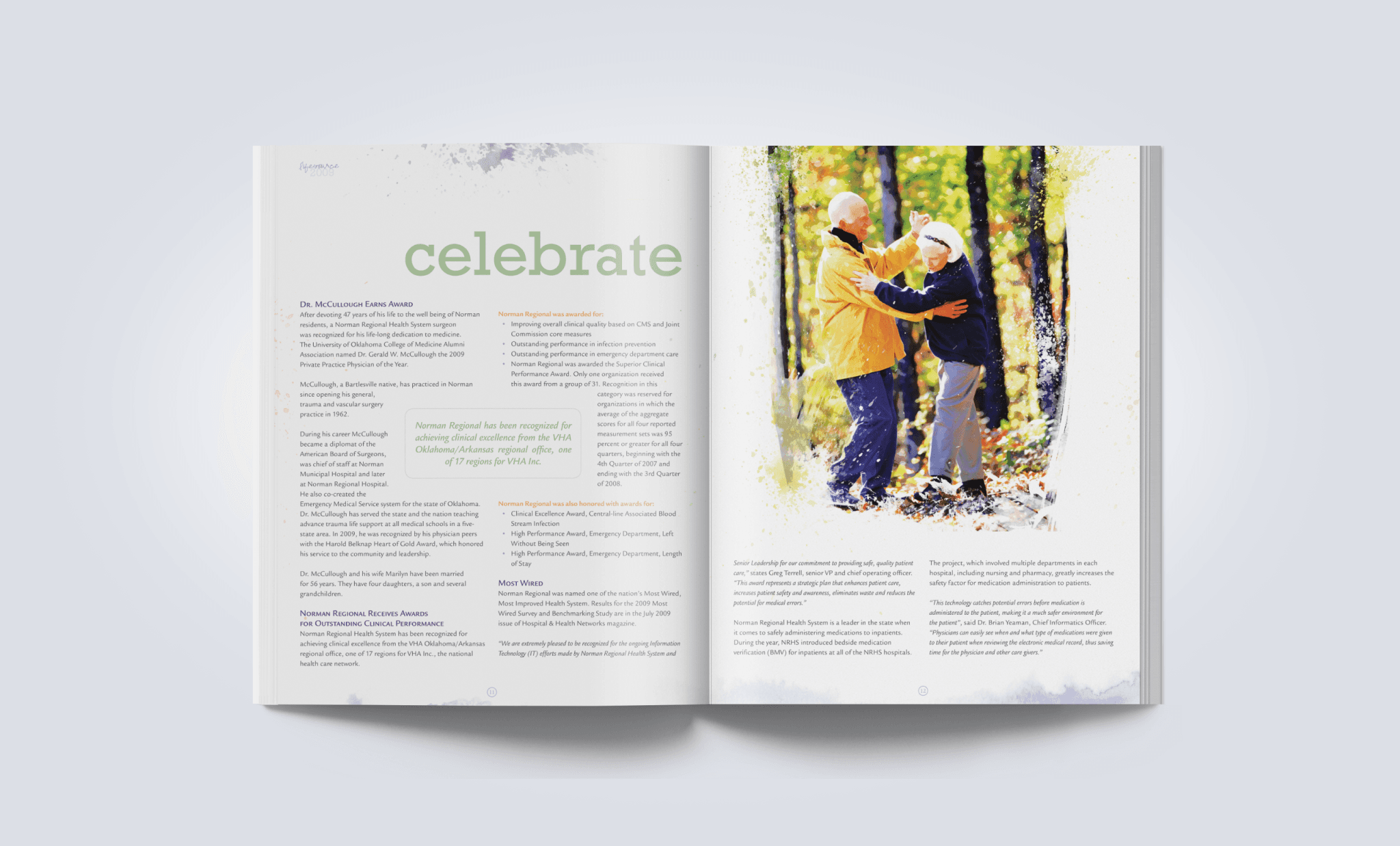 A page spread with a water color of an older caucasian couple dancing in the woods